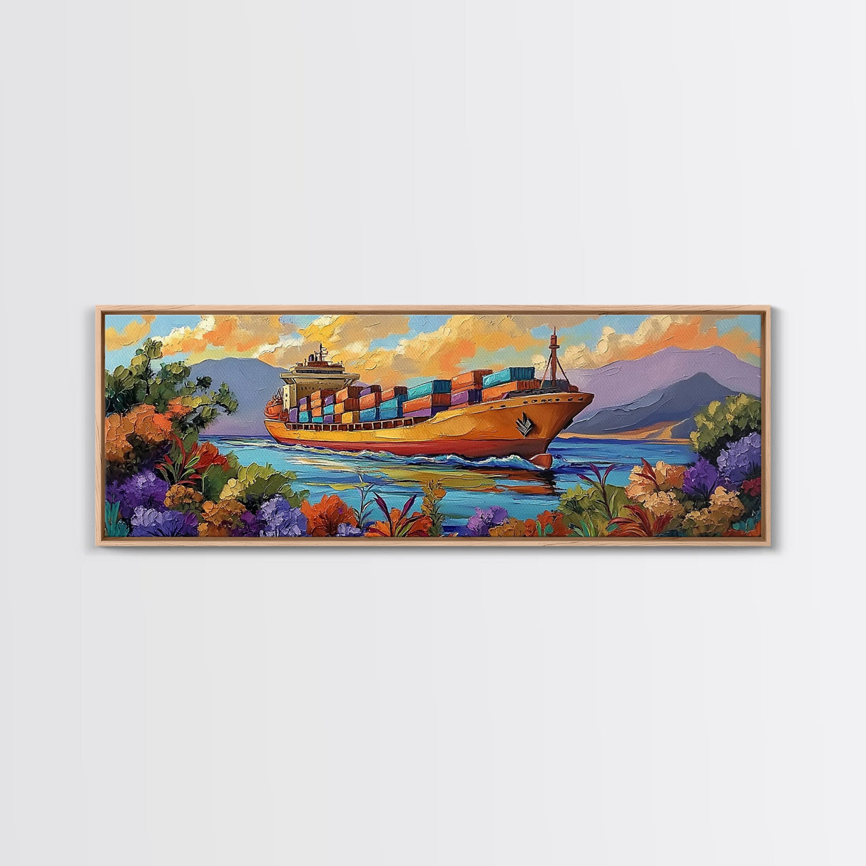 Coastal Cargo Ship, Vibrant Ocean Painting, Nautical Decor, Container Ship Art, Canvas Print, Modern Seascape, Office Wall Art, Boho Art