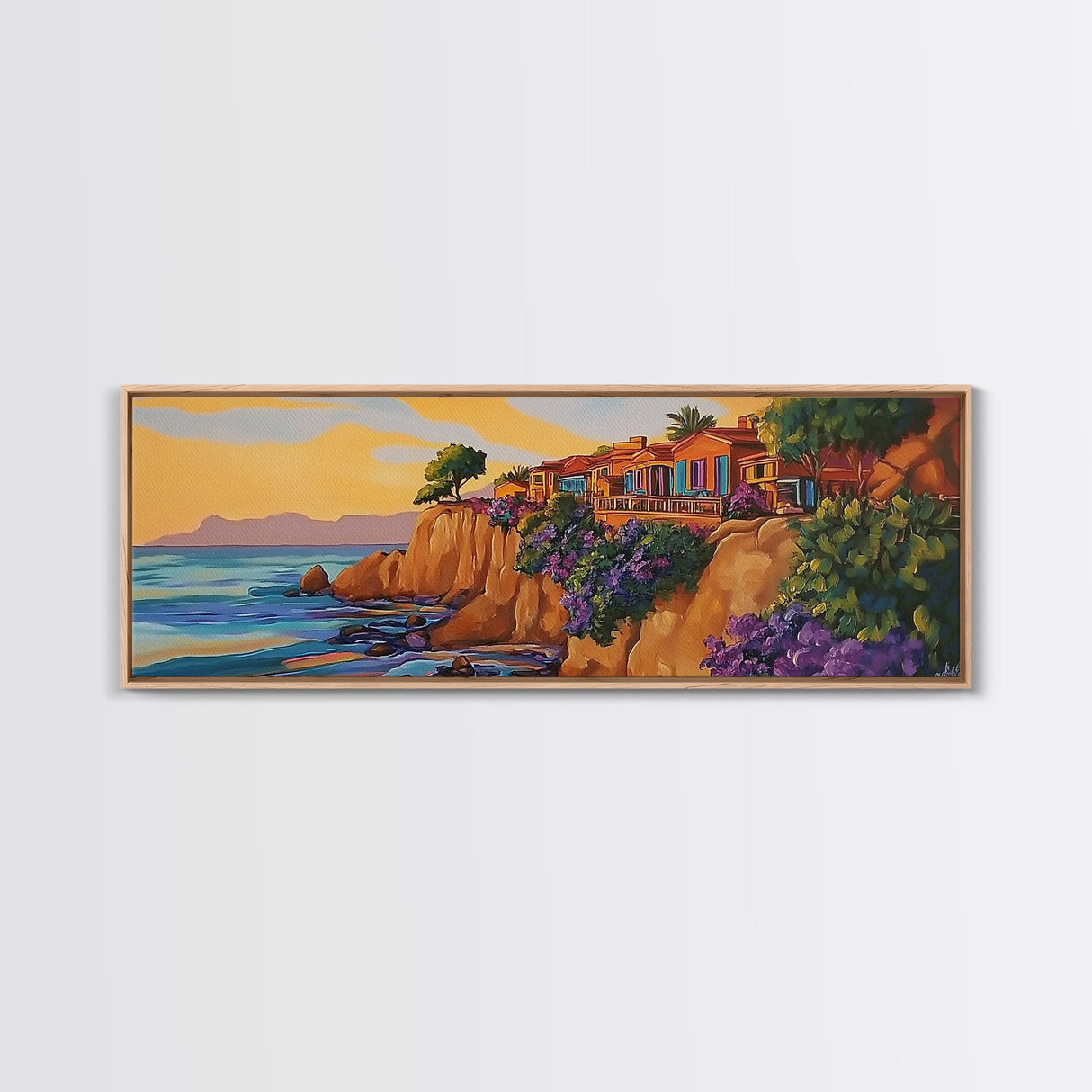 Seaside Villas, Coastal Cliff, Ocean Sunset, Framed Canvas Print, Beach House Art, Colorful Home Decor, Bold Tropical Landscape Art