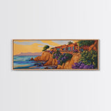 Seaside Villas, Coastal Cliff, Ocean Sunset, Framed Canvas Print, Beach House Art, Colorful Home Decor, Bold Tropical Landscape Art