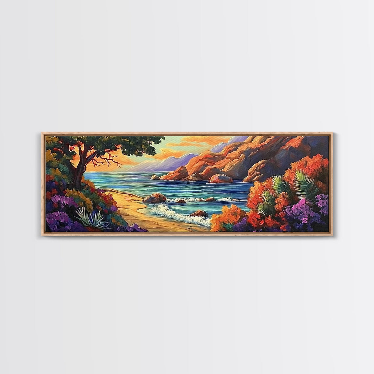 Tranquil Beach, Ocean Breeze, Sunset Cliffs, Canvas Print, Vibrant Seascape Wall Art, Coastal Living Room Decor, Boho Beach Art