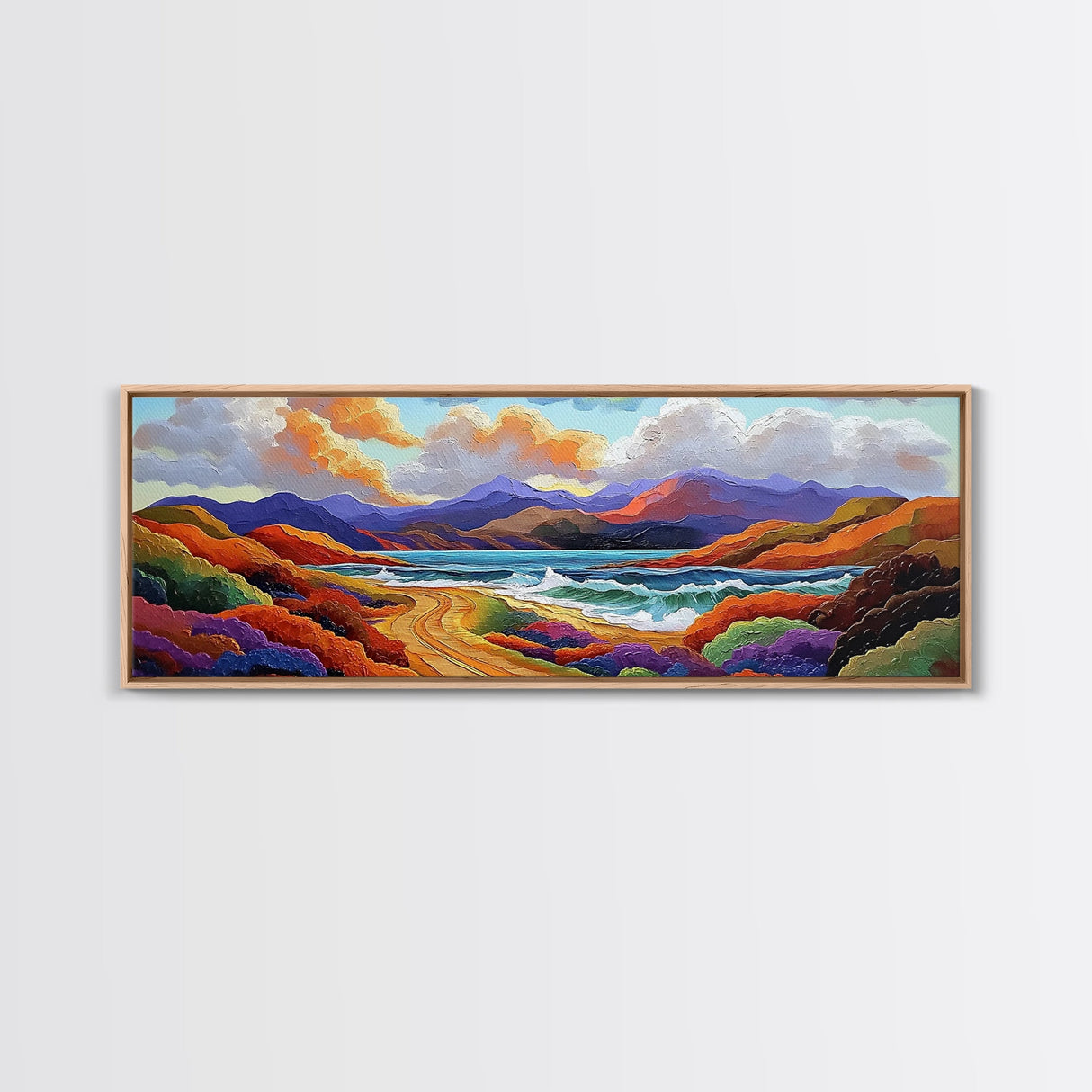 Colorful Mountains, Ocean Road, Vibrant Sunset, Framed Canvas Print, Scenic Nature Wall Art, Coastal Living Room Decor, Bold Art