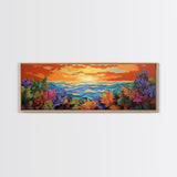 Sunset Ocean, Sea Plants, Tropical Sunset, Bold Colors, Framed Canvas Print, Bathroom Wall Art, Boho Vibes, Coastal Decor