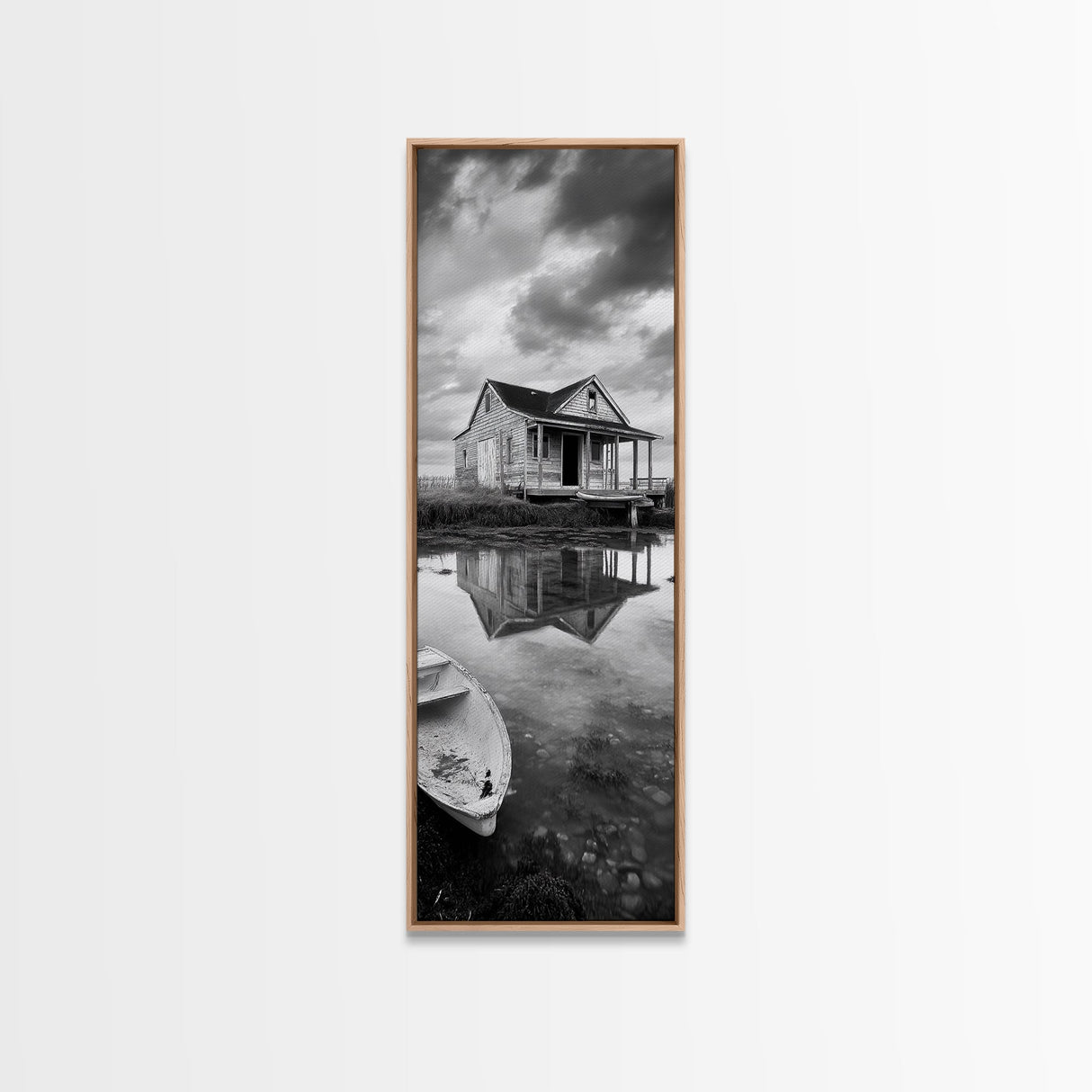 Weathered House, Abandoned Shack, Reflection Lake, Framed Canvas Print, Rustic cabin wall art, Fall entryway decor, Moody farmhouse aesthetic