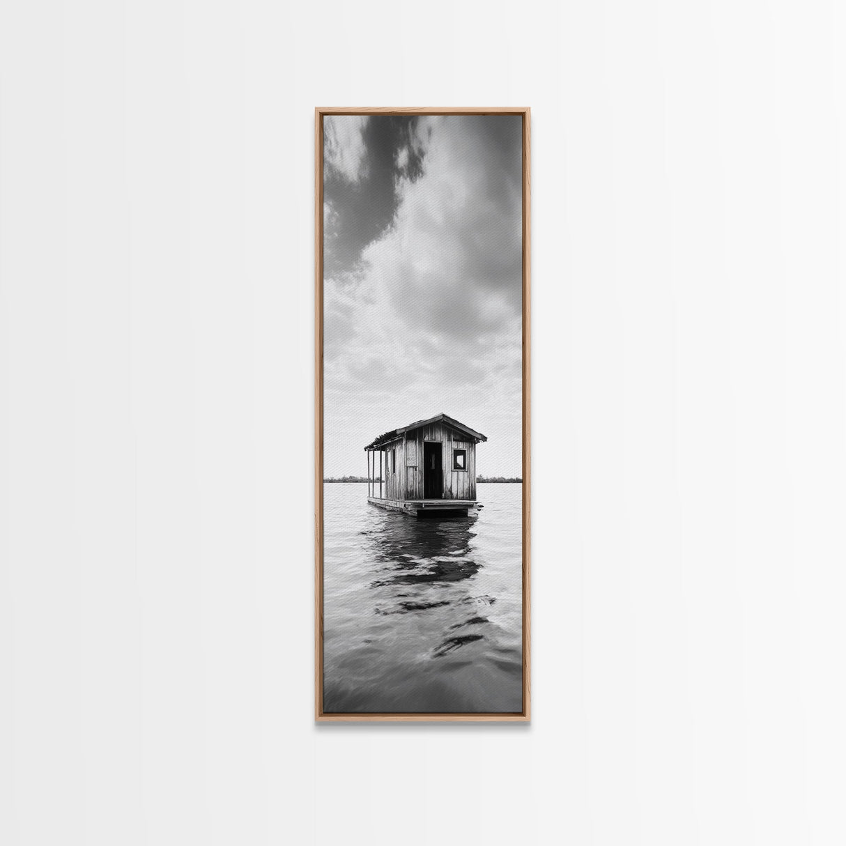 Floating Cabin, Water House, Tranquil Escape, Framed Canvas Print, Serene lake house wall art, Cabin decor, Nature minimalist bathroom print