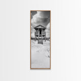 Beachfront Cabin, Rustic Shack, Seaside Simplicity, Cloudy Sky, Island Life, Framed Canvas Print, Entryway Wall Art, Coastal Farmhouse Decor