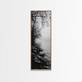 Lakeside Mist, Rocky Shoreline, Tranquil Forest, Framed Canvas Print, Peaceful woodland wall art, Fall neutral decor, Nature themed office print