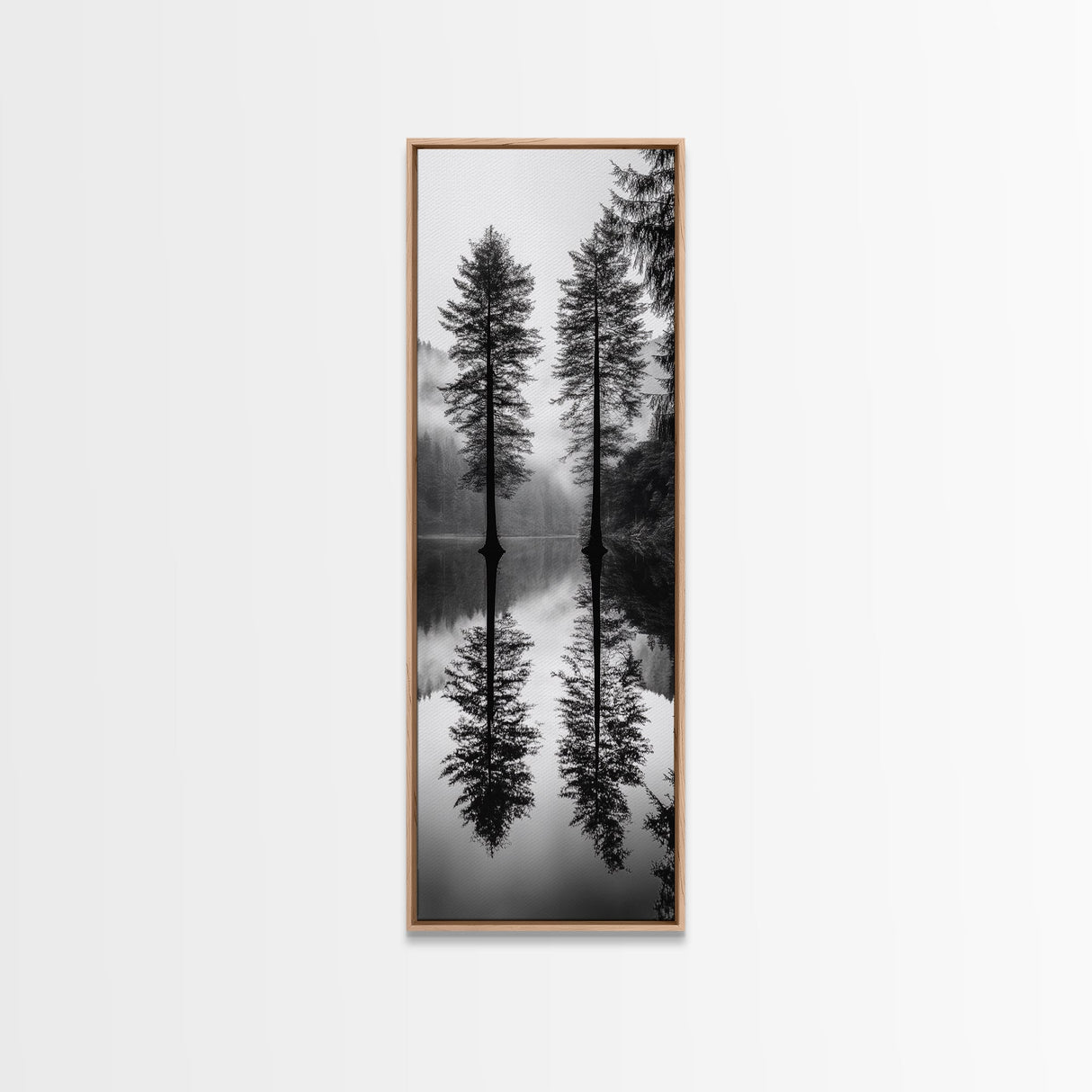 Twin Pines, Forest Reflection, Misty Lake, Black and White Nature, Framed Canvas Print, Living Room Wall Art, Nature Photography, Zen Decor