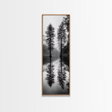 Twin Pines, Forest Reflection, Misty Lake, Black and White Nature, Framed Canvas Print, Living Room Wall Art, Nature Photography, Zen Decor