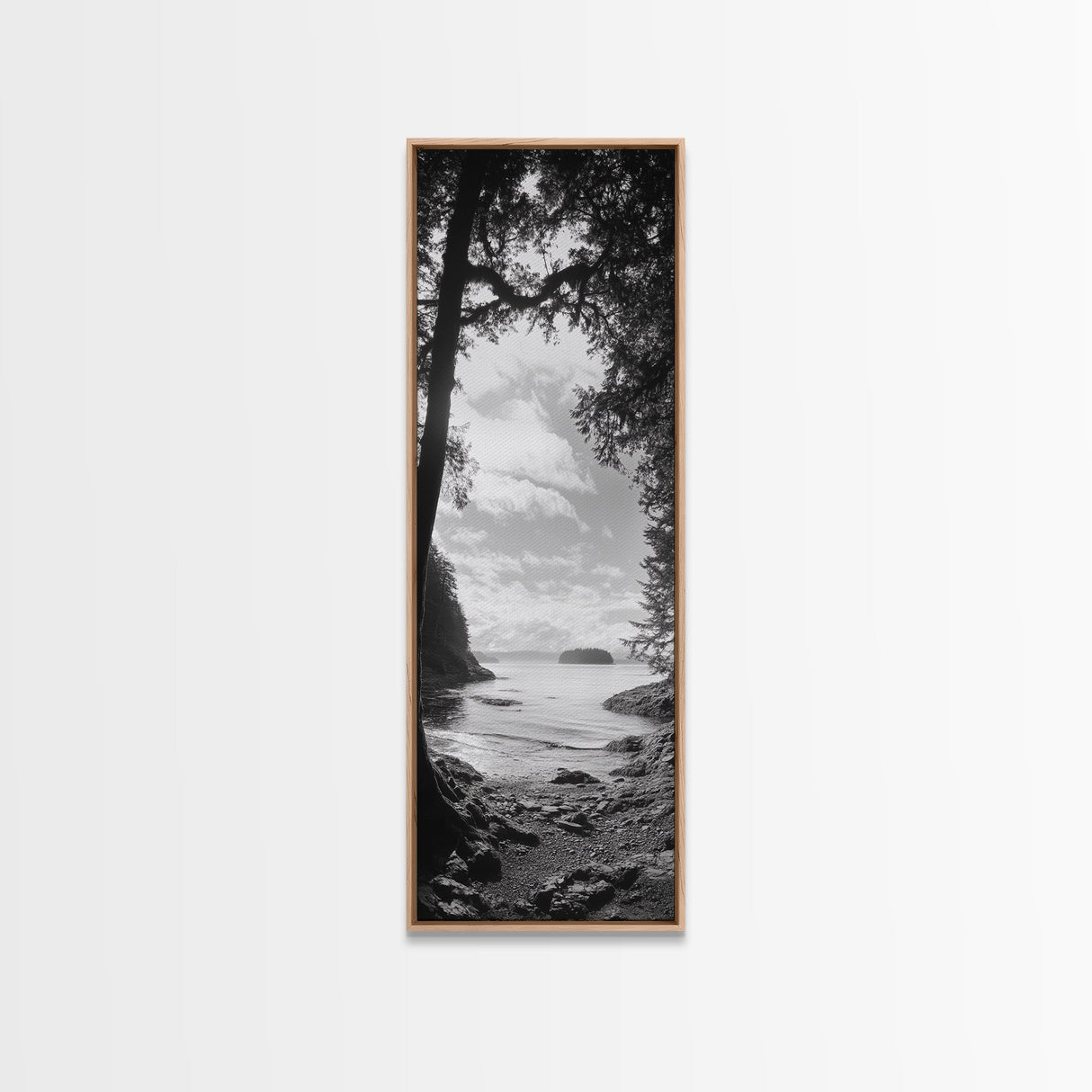 Island View, Forest Coastline, Secluded Shore, Tranquil Ocean Scene, Canvas Print, Boho Decor, Entryway Wall Art, Nature Wall Aesthetic