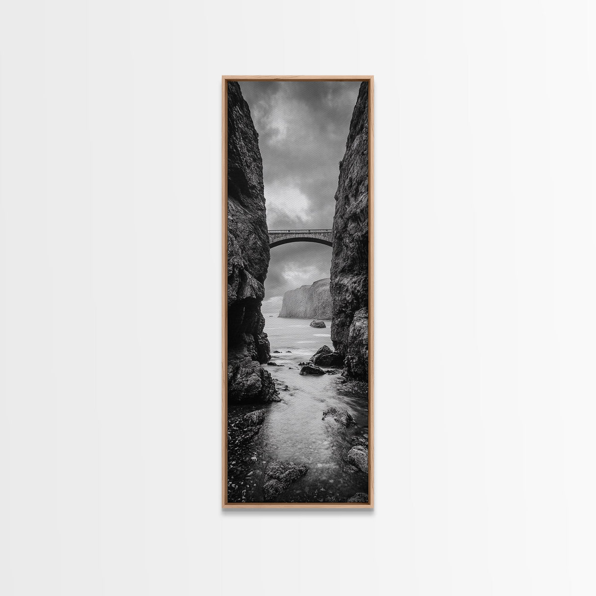 Sea Arch, Cliff Bridge, Coastal Landscape, Dramatic Ocean View, Black and White Framed Canvas Print, Bathroom Art, Hallway Wall Art