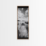 Docked Rowboat, Calm Waters, Rustic Pier, Serene Lake View, Framed Canvas Print, Black and White Coastal Art, Bedroom Wall Decor