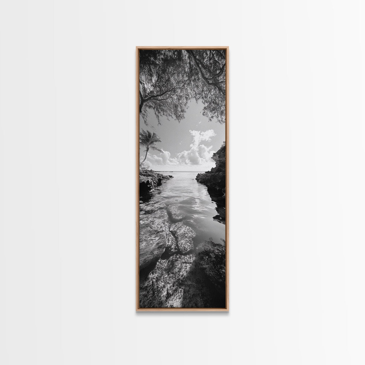 Island Cove, Palm Tree, Peaceful Sea, Tropical Coastline, Black and White Framed Canvas Print, Boho Beach Wall Art, Bathroom Decor
