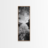 Island Cove, Palm Tree, Peaceful Sea, Tropical Coastline, Black and White Framed Canvas Print, Boho Beach Wall Art, Bathroom Decor