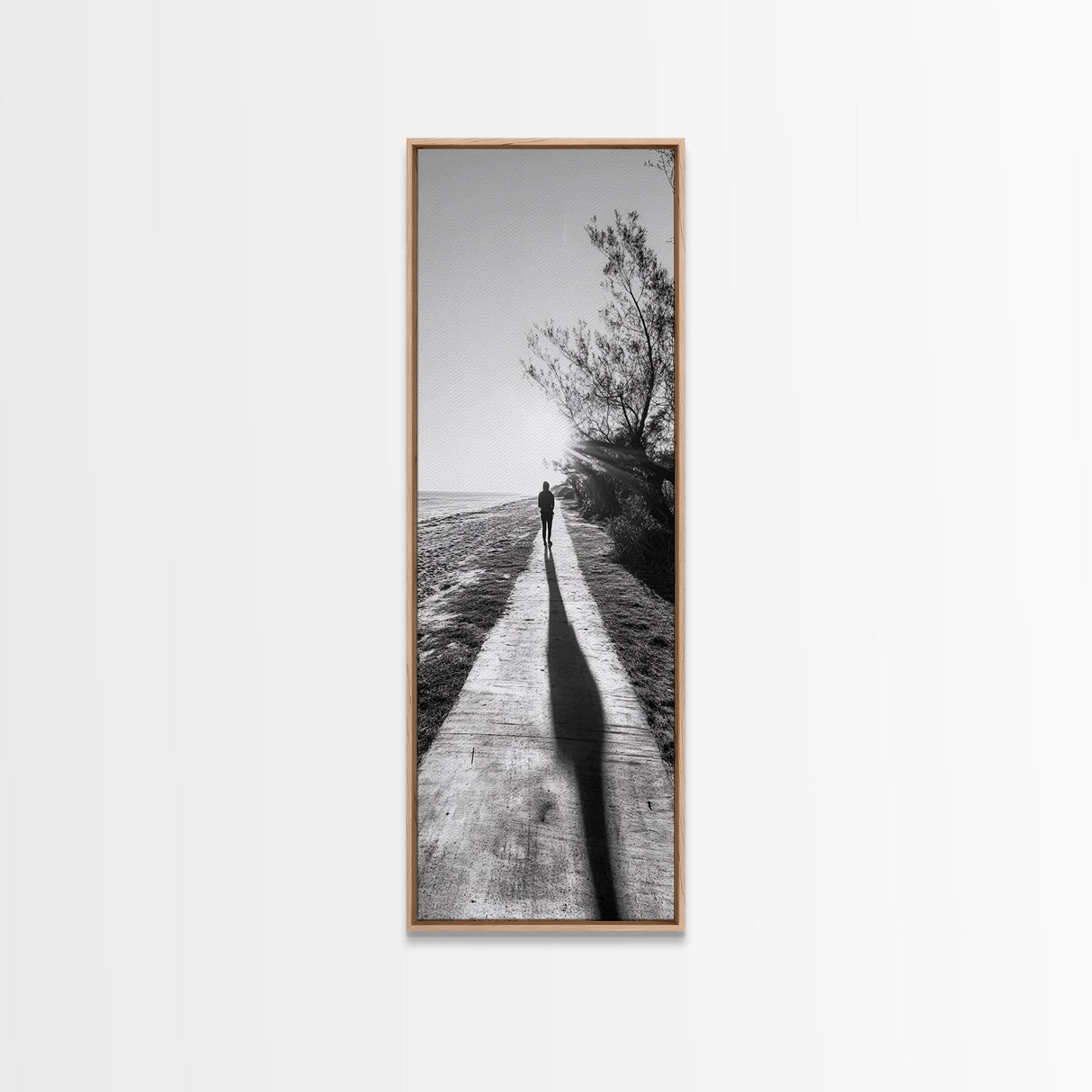 Walkway Shadows, Coastal Path, Minimalist Silhouette, Black and White Art, Framed Canvas Print, Hallway Decor, Calm Modern Wall Art