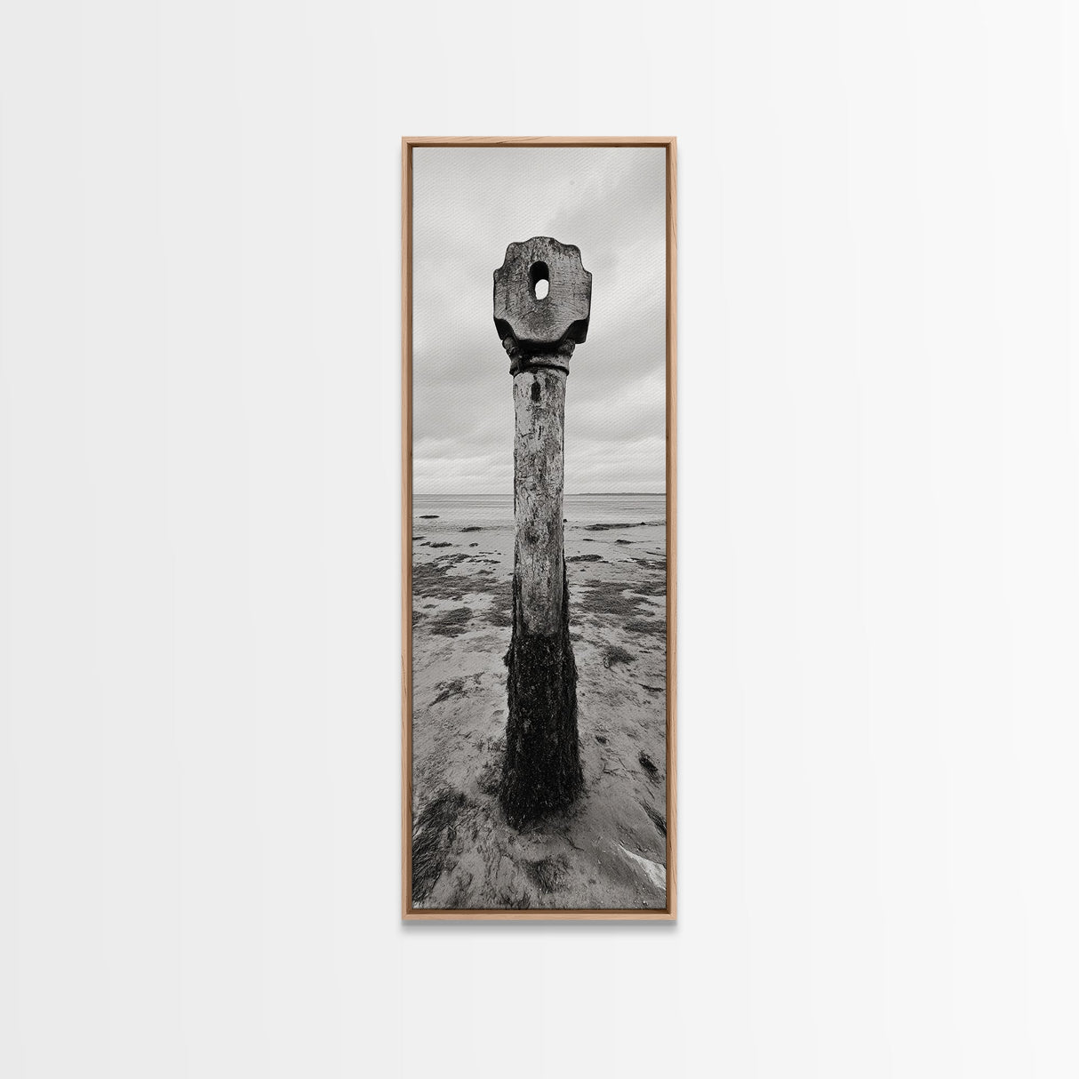 Driftwood Totem, Coastal Pillar, Ocean Beach Monochrome, Framed Canvas Print, Rustic Wall Art, Boho Bedroom Decor, Nature Photography