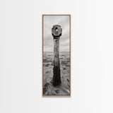 Driftwood Totem, Coastal Pillar, Ocean Beach Monochrome, Framed Canvas Print, Rustic Wall Art, Boho Bedroom Decor, Nature Photography