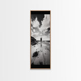 Lone Beach Walker, Dramatic Sky, Ocean Reflections, Solitude Moment, Framed Canvas Print, Hallway Wall Art, Moody Minimalist Decor