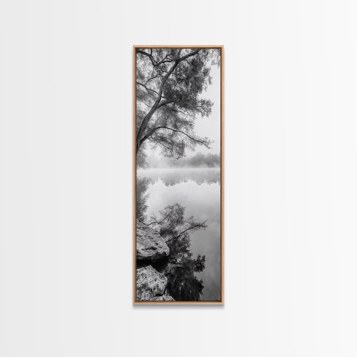 Misty Lake, Tree Reflection, Tranquil Morning, Framed Canvas Print, Bedroom Wall Art, Serene Nature Photography, Minimalist Art Style