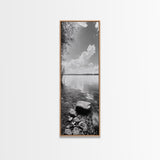 Peaceful Lake, Cloud Reflection, Shoreline Stones, Framed Canvas Print, Guest Room Wall Art, Nature Inspired Decor, Minimalist Landscape