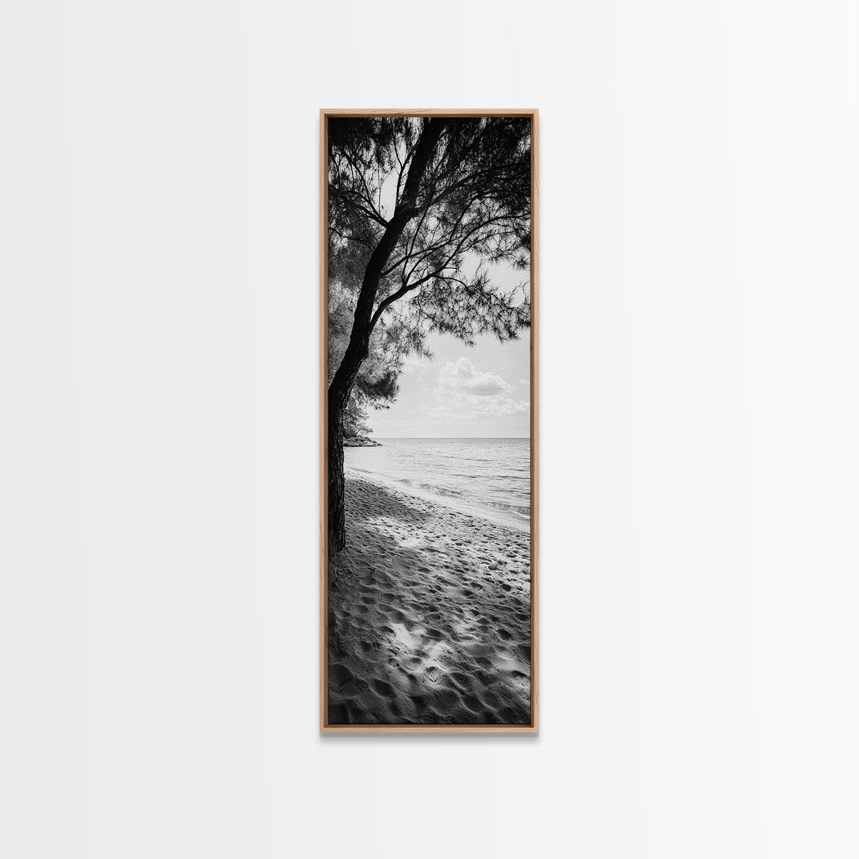 Coastal Tree Shade, Beach Sand Path, Seaside Serenity, Nature Retreat, Framed Canvas Print, Bathroom Wall Art, Neutral Tones, Calm Ocean Art