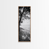Coastal Tree Shade, Beach Sand Path, Seaside Serenity, Nature Retreat, Framed Canvas Print, Bathroom Wall Art, Neutral Tones, Calm Ocean Art
