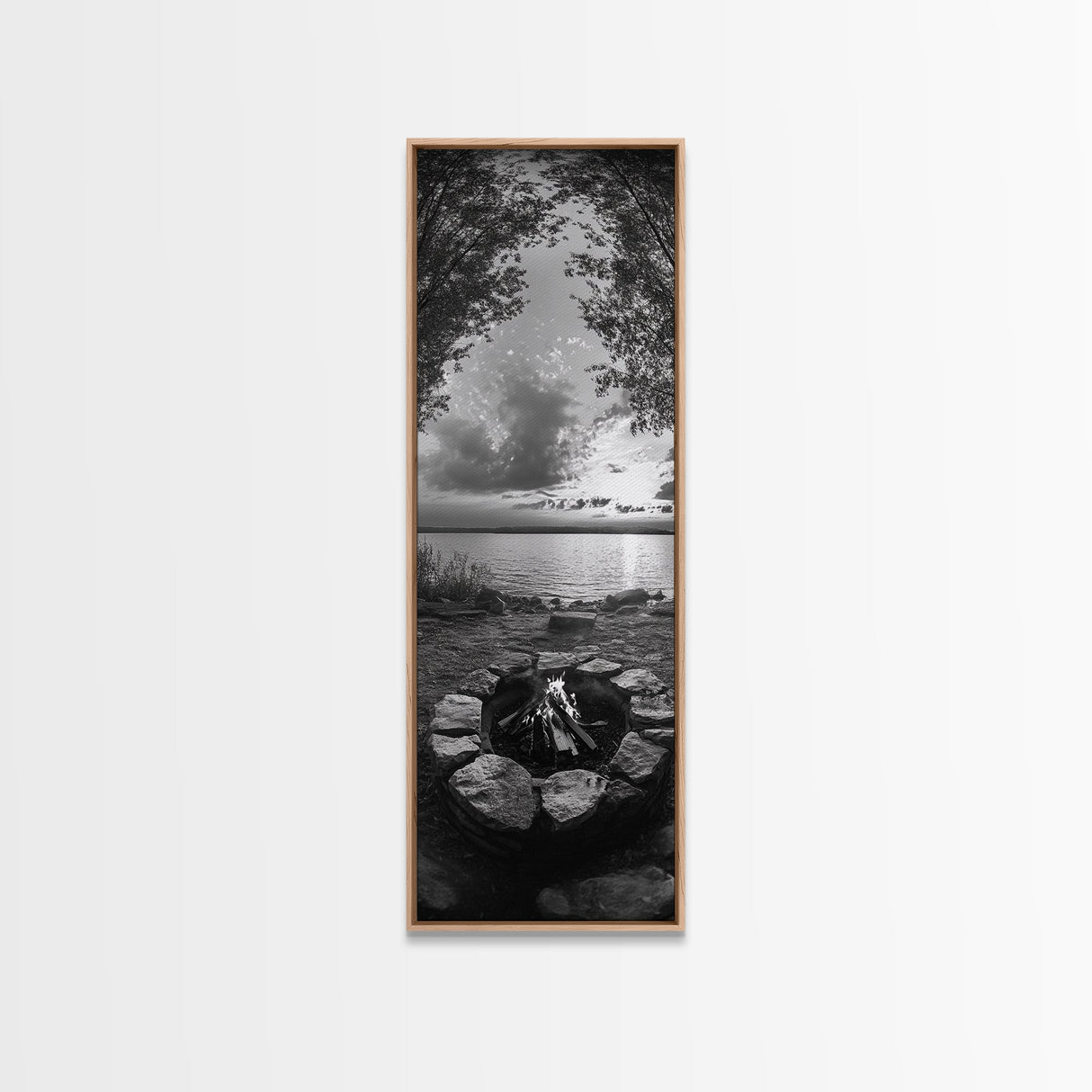 Campfire Sunset, Autumn Gathering, Fireside Evening, Lake Horizon, Framed Canvas Print, Fall Decor, Cabin Living Room Wall Art, Nature Lodge Print