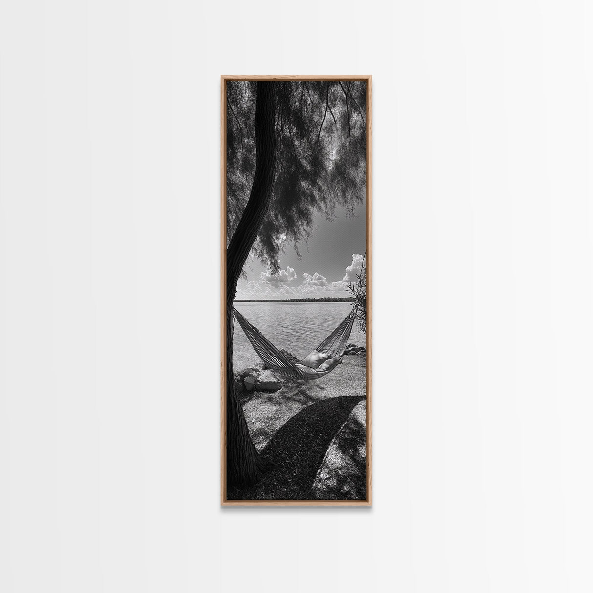Hammock Dreams, Coastal Rest, Lakeside Retreat, Chill Vibes, Framed Canvas Print, Boho Wall Art, Serene Bedroom Art, Relaxation Inspired Decor