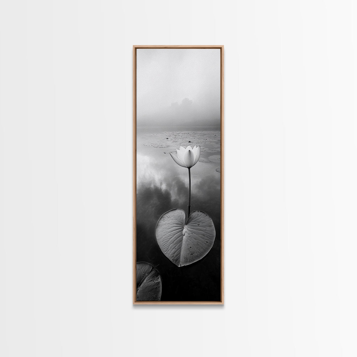 Minimalist Lotus, Zen Flower, Misty Pond, Tranquil Nature, Monochrome Botanical Framed Canvas Print, Bedroom Meditation Wall Decor