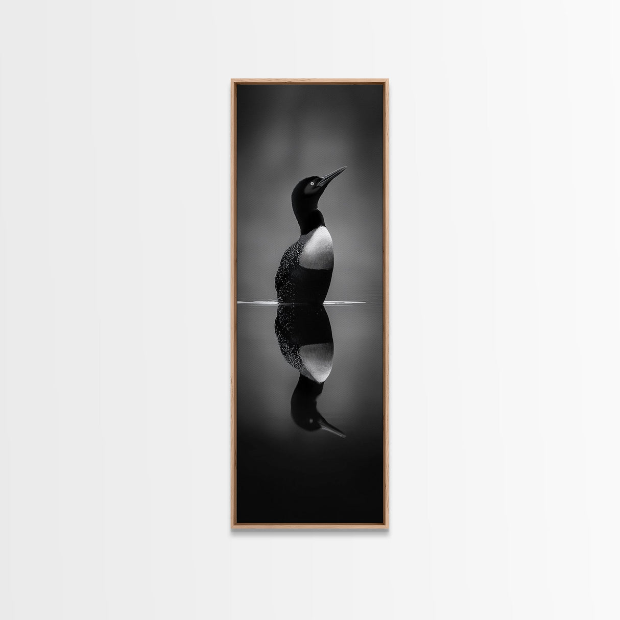 Reflected Loon, Lake Silence, Bird Mirror, Wildlife Art, Moody Black White Framed Canvas Print, Study Nature Wall Decor Minimalist Style