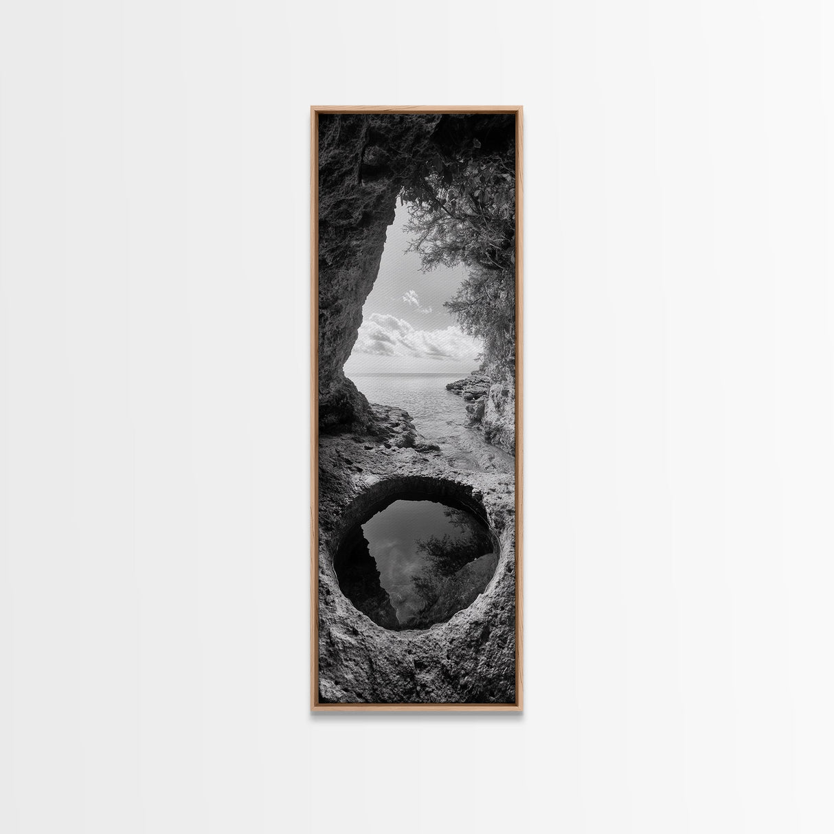 Ocean Cave, Coastal View, Natural Tide Pool, Canvas Print, Bathroom Wall Art, Seaside Decor, Minimalist Landscape, Black and White Art