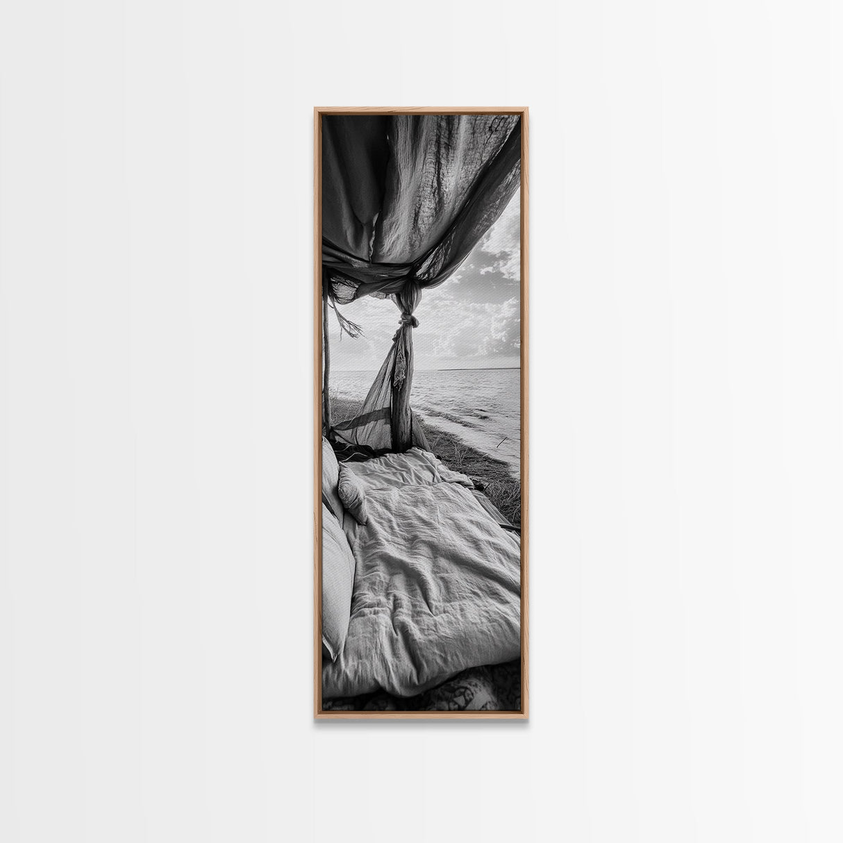 Coastal Bed View, Ocean Canopy, Seaside Rest, Framed Canvas Print, Boho Bedroom Wall Art, Rustic Beach Photography, Nature Retreat Decor