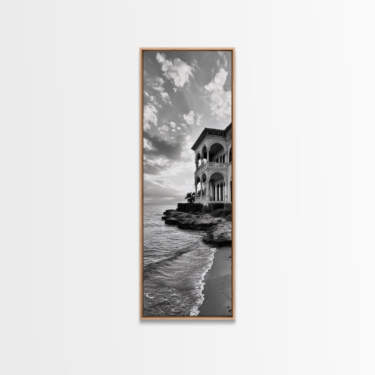 Italian Villa Coast, Seaside Architecture Print, Elegant Travel Decor, Framed Canvas Print, Dining Room Wall Art, Monochrome