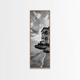 Italian Villa Coast, Seaside Architecture Print, Elegant Travel Decor, Framed Canvas Print, Dining Room Wall Art, Monochrome