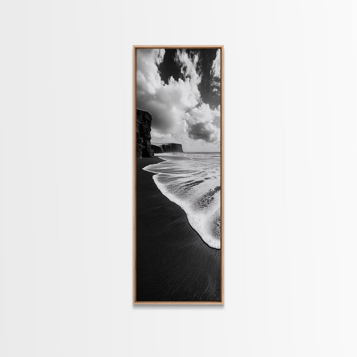 Shoreline Edge, Ocean Waves, Coastal Horizon, Framed Canvas Print, Black and White Beach Art, Bathroom Art, Entryway Wall Decor