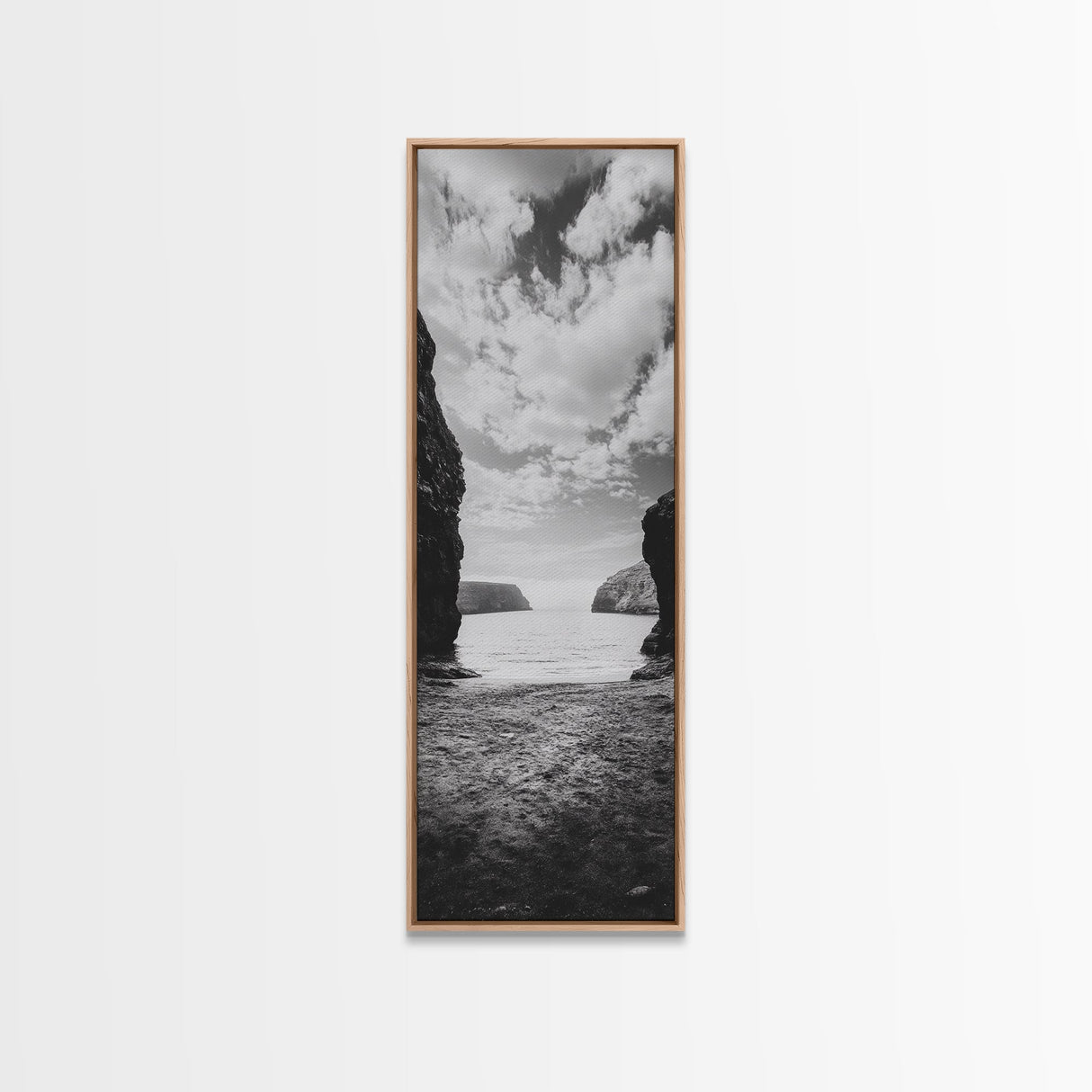Seaside Cliffs, Ocean Gateway, Tranquil Cove, Framed Canvas Print, Nautical Wall Art, Modern Coastal Decor, Neutral Beach Style