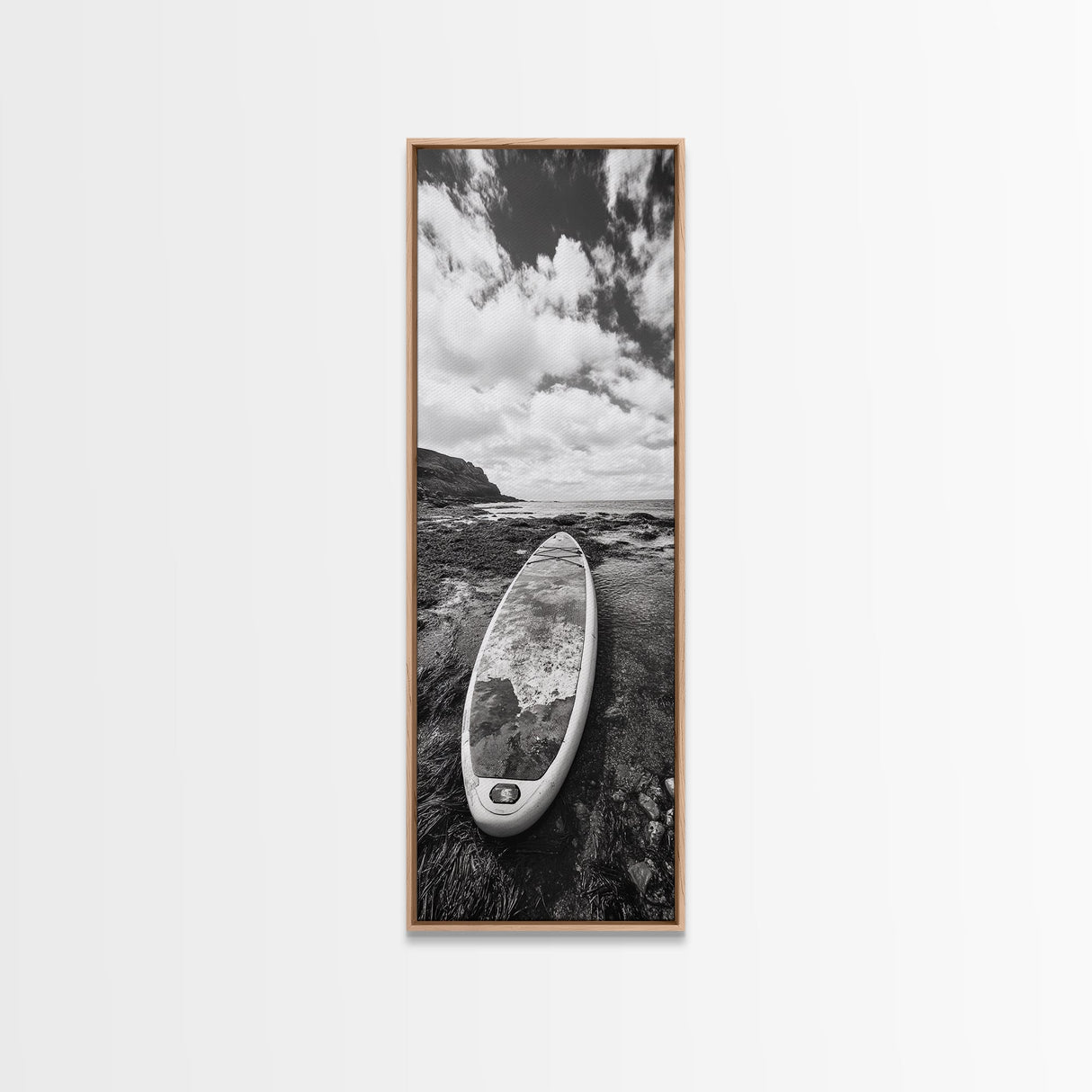 Surfboard Still, Rocky Shore, Beach Vibes, Framed Canvas Print, Coastal Bathroom Wall Art, Minimalist Beach Decor, Summer Style