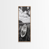 Surfboard Still, Rocky Shore, Beach Vibes, Framed Canvas Print, Coastal Bathroom Wall Art, Minimalist Beach Decor, Summer Style