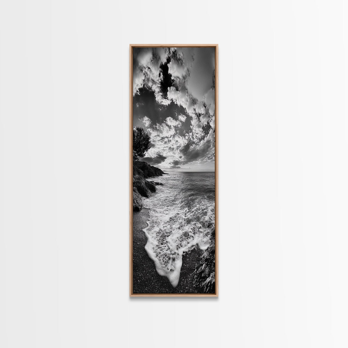 Rocky Coastline, Ocean Foam, Sunset Glow, Framed Canvas Print, Nautical Wall Art, Beach House Decor, Moody Seascape Photography