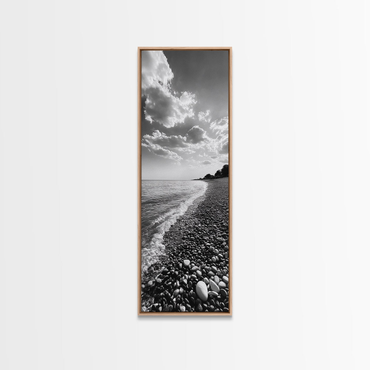Pebble Beach, Gentle Waves, Coastal Calm, Framed Canvas Print, Minimalist Bathroom Wall Art, Nature Texture Decor, Seaside Zen, Office Wall Art