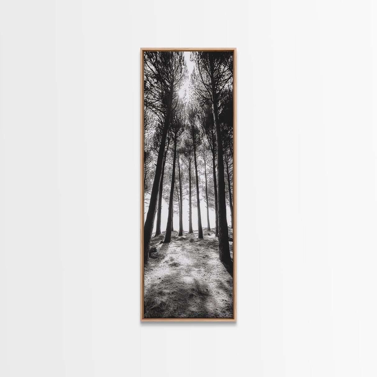 Pine Forest Glow, Woodland Landscape, Monochrome Nature, Boho Style, Framed Canvas Print, Entryway Print, Living Room Wall Art, Game Room Art
