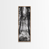 Pine Forest Glow, Woodland Landscape, Monochrome Nature, Boho Style, Framed Canvas Print, Entryway Print, Living Room Wall Art, Game Room Art