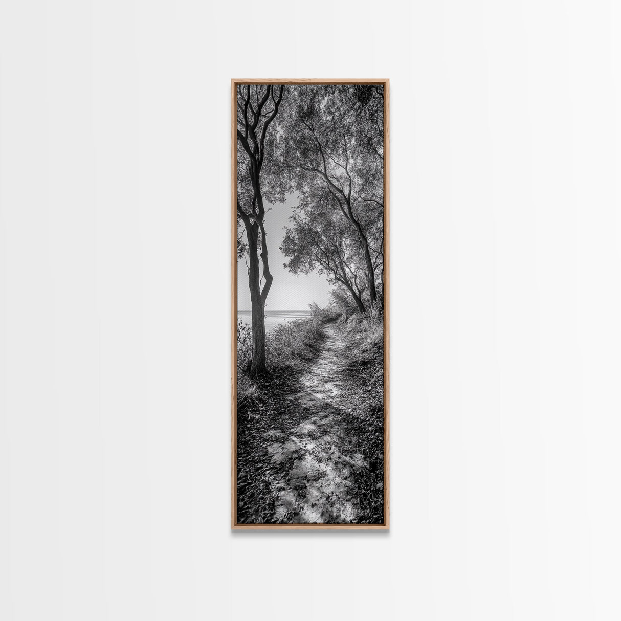 Lakeside Pathway Scene, Forest Walk Tranquility, Coastal Trail Mood, Framed Canvas Print, Nature-Lover Bedroom Wall Art, Cabin Wall Art