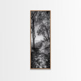 Lakeside Pathway Scene, Forest Walk Tranquility, Coastal Trail Mood, Framed Canvas Print, Nature-Lover Bedroom Wall Art, Cabin Wall Art