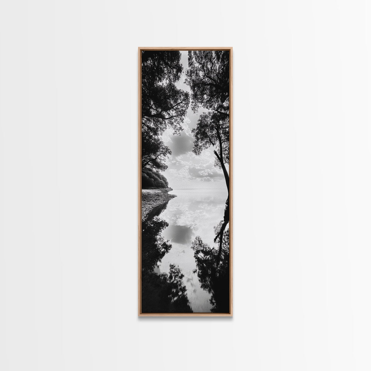 Misty Lake, Nature Reflection, Tranquil Waters, Monochrome Trees, Framed Canvas Print, Minimalist Wall Art, Bathroom or Hallway Decor