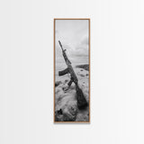 War Relic, AK Rifle, Surreal Beach Scene, Framed Canvas Print, Bold Statement Art, Bachelor Pad or Office Decor, Rustic Industrial Style