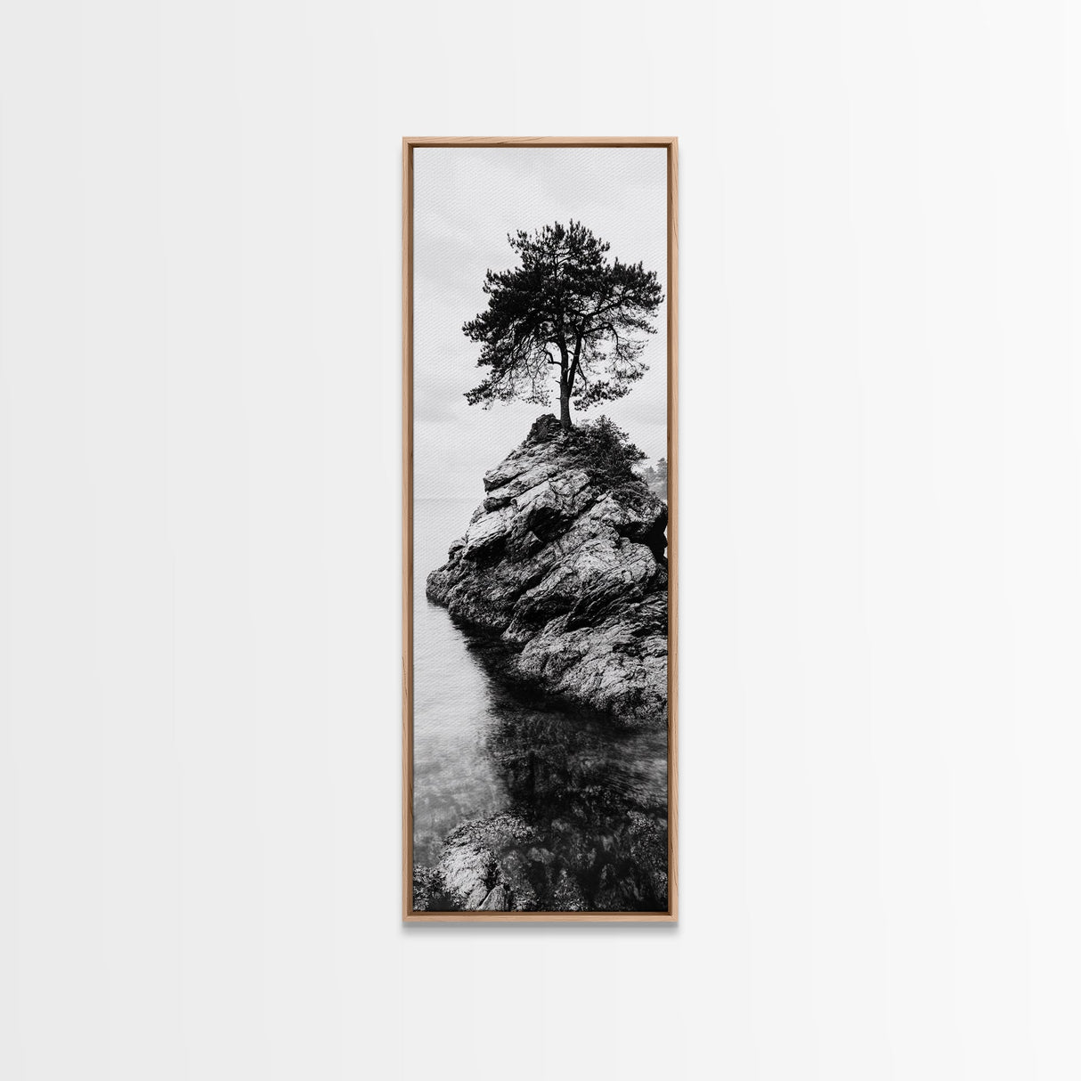 Lone Tree, Rock Island, Tranquil Coast, Nature Strength, Framed Canvas Print Cabin Wall Art, Minimalist Tree Print, Nordic Nature Living Room Decor