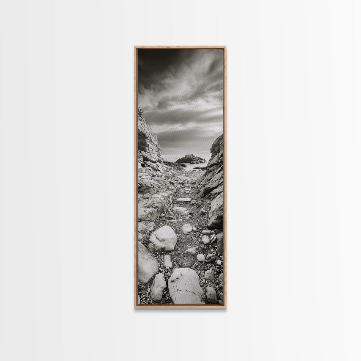 Rocky Coast Path, Serene Ocean View, Minimalist Nature, Framed Canvas Print, Neutral Tones, Beach Art, Hallway Wall Decor, Coastal Home Vibe