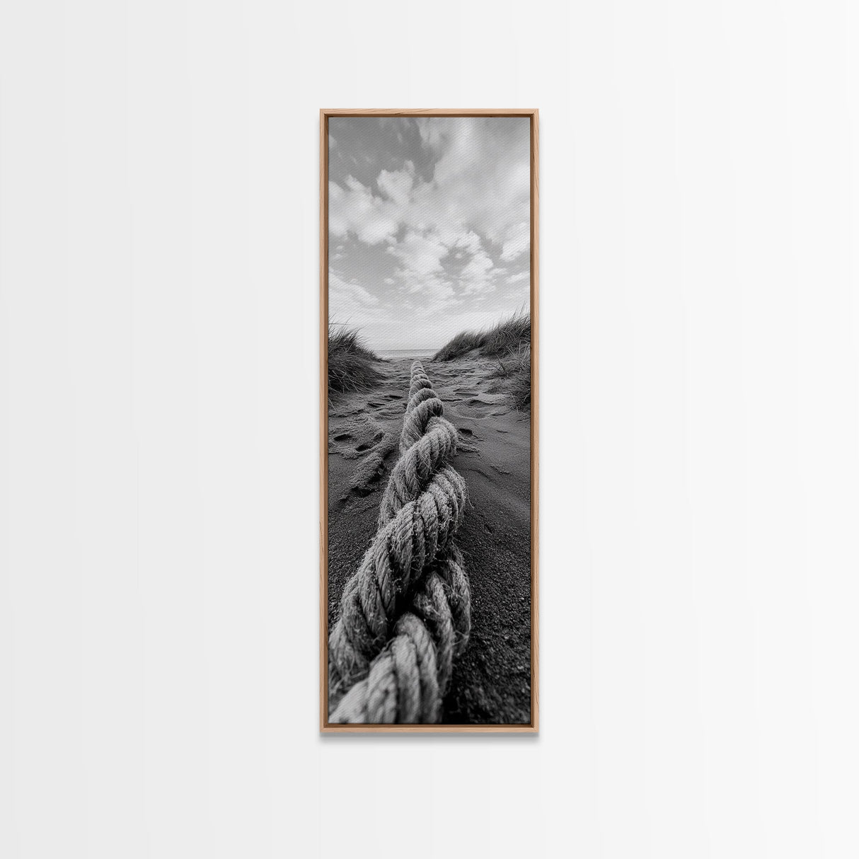 Rope in Sand, Beach Path Perspective, Coastal Journey, Framed Canvas Print, Bathroom Wall Art, Seaside Style, Minimalist Nautical Scene