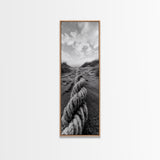 Rope in Sand, Beach Path Perspective, Coastal Journey, Framed Canvas Print, Bathroom Wall Art, Seaside Style, Minimalist Nautical Scene