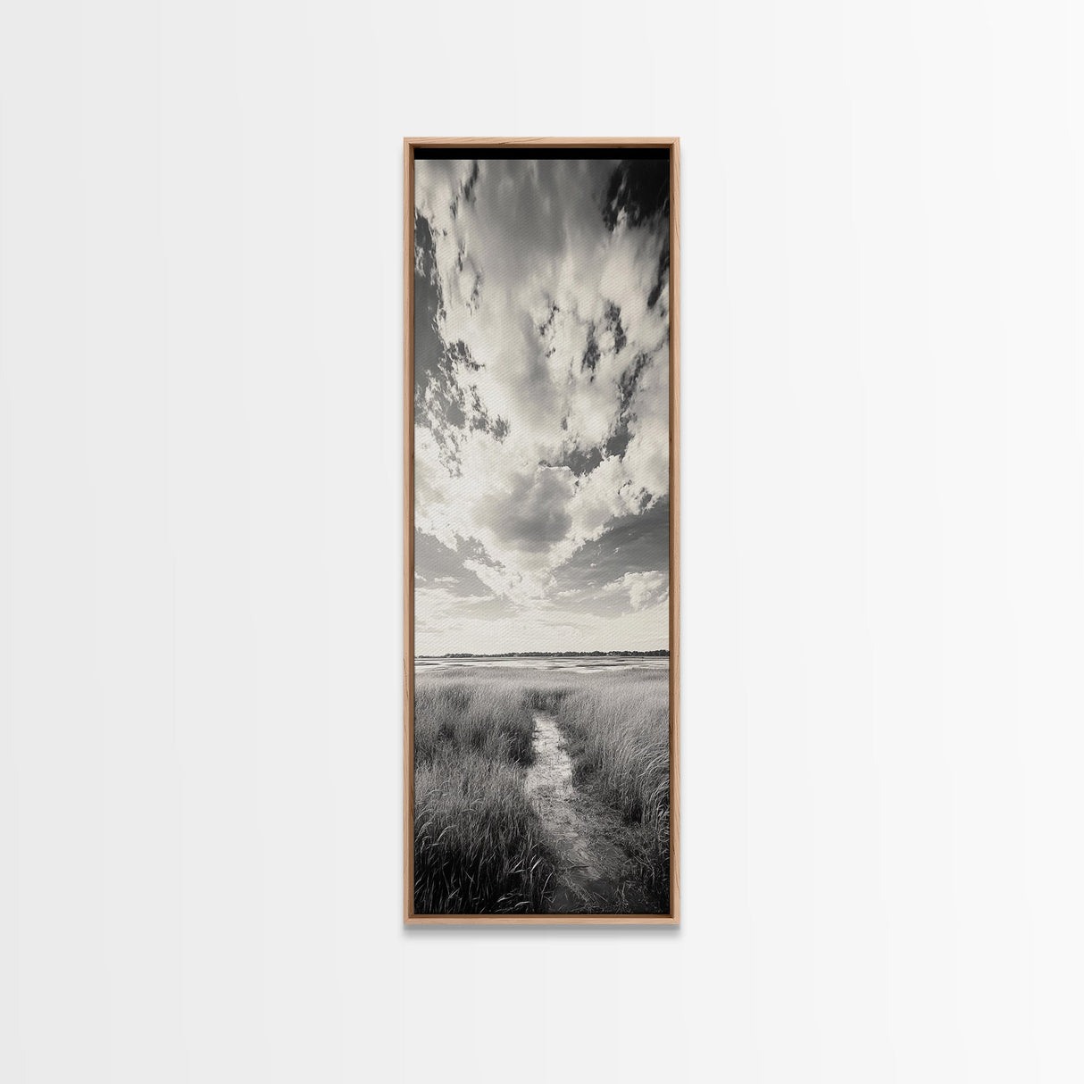 Marshland Pathway, Coastal Grassland Art, Nature Wall Decor, Calm Landscape Style, Framed Canvas Print, Neutral Tones Minimalist